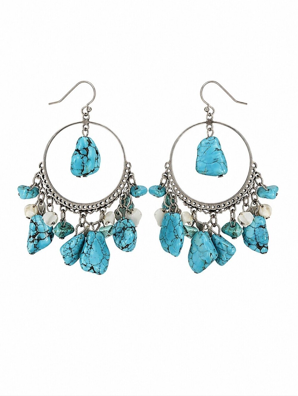 Cowboy Core Turquoise Stone Shell Bauble Beaded Hoop Dangle Hook Earrings